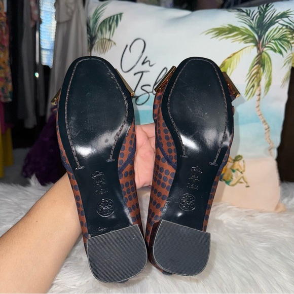 Tory Burch Bow Accent Polka Dot Chunky Heels In Brown & Navy Blue Size 7.5 - Picture 12 of 14